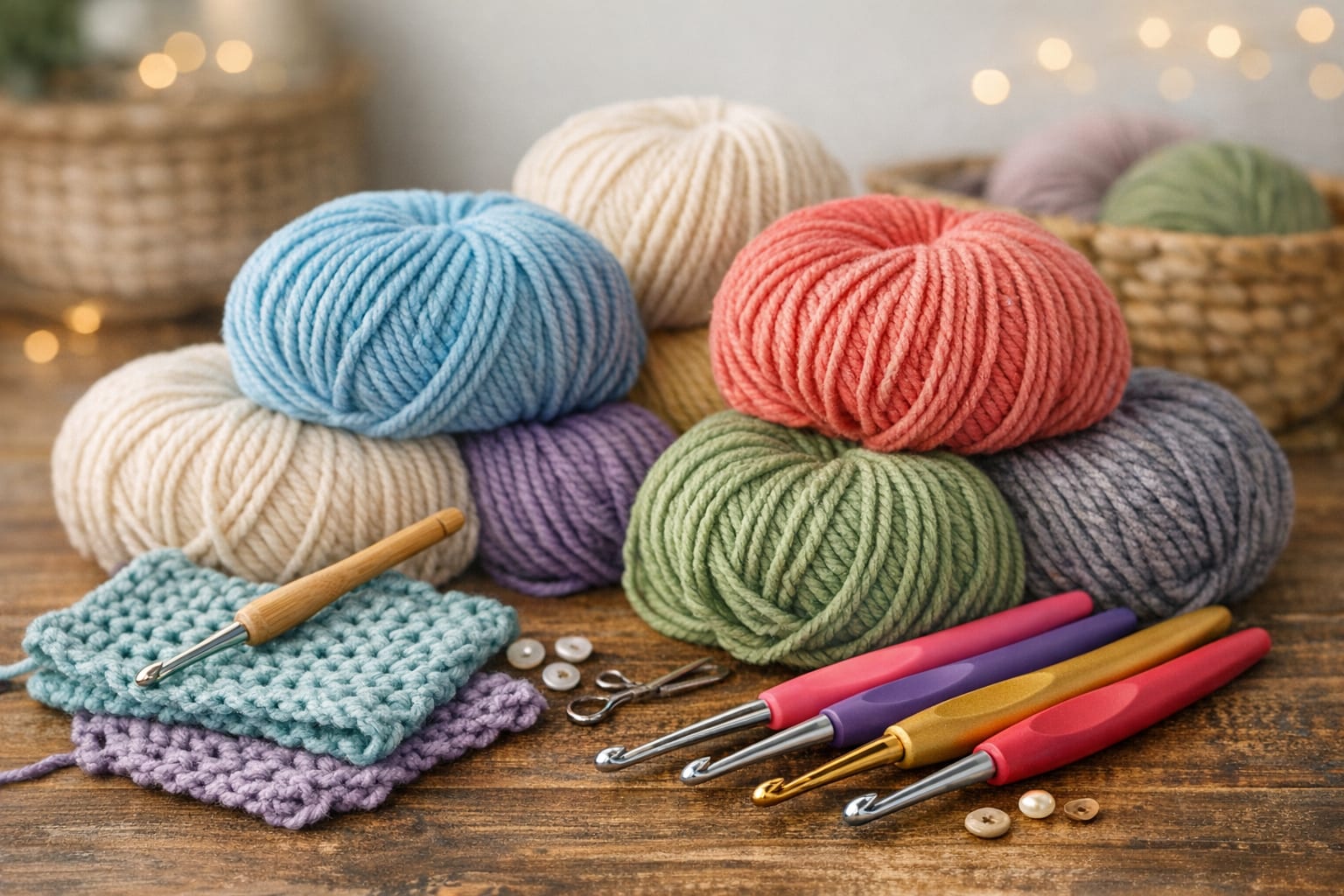 Yarn and crochet supplies on a table